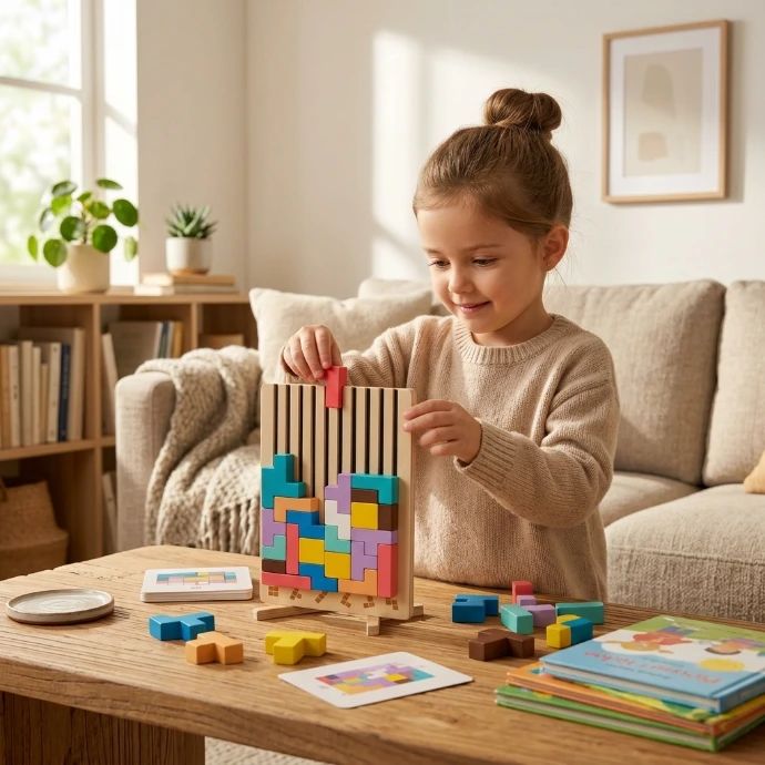 AI Generated Wooden 3D Stacking Puzzle Lifestyle Image