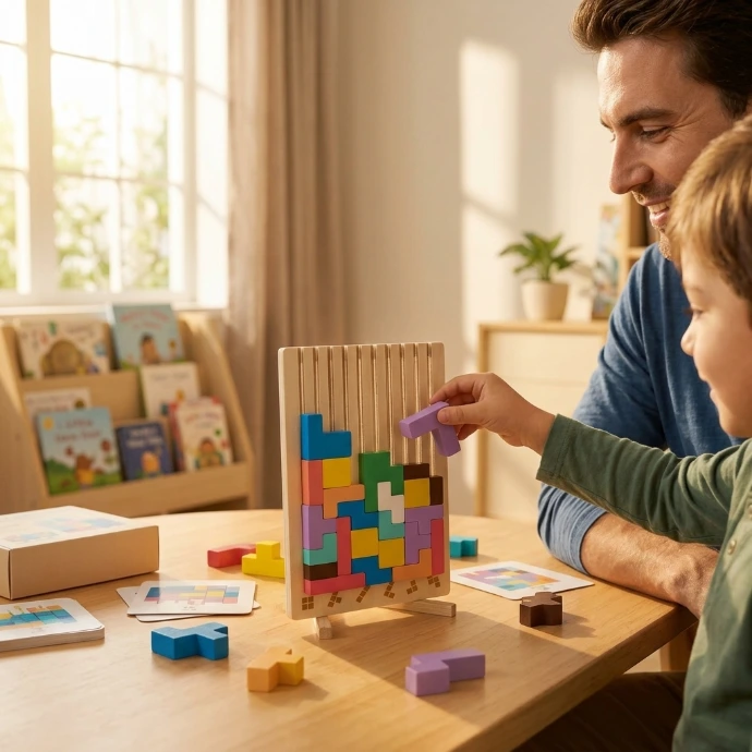 AI Generated Wooden 3D Stacking Puzzle Lifestyle Image